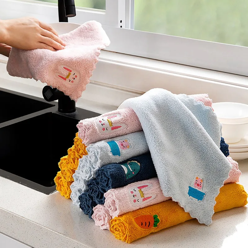 Household Coral Velvet Embroidered Rags. Kitchen Water Absorption Dishwashing Cloth Hang Rags Cleaning Cloth