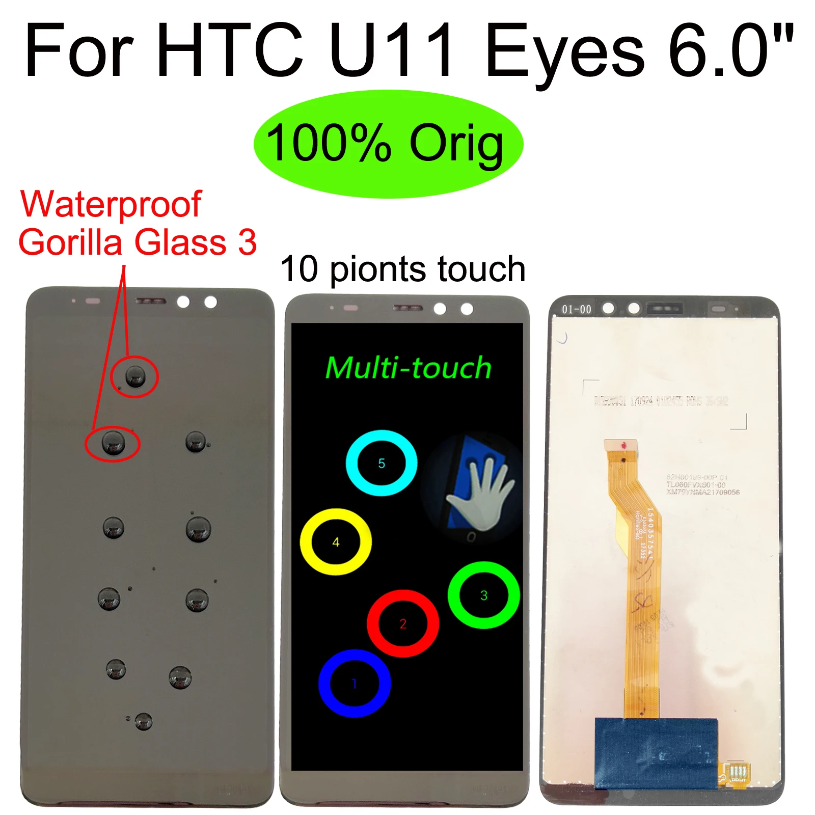 

100% Оригинальный ЖК-дисплей 6,0 дюйма для HTC U11 Eyes 1080x2160, сенсорный экран в сборе