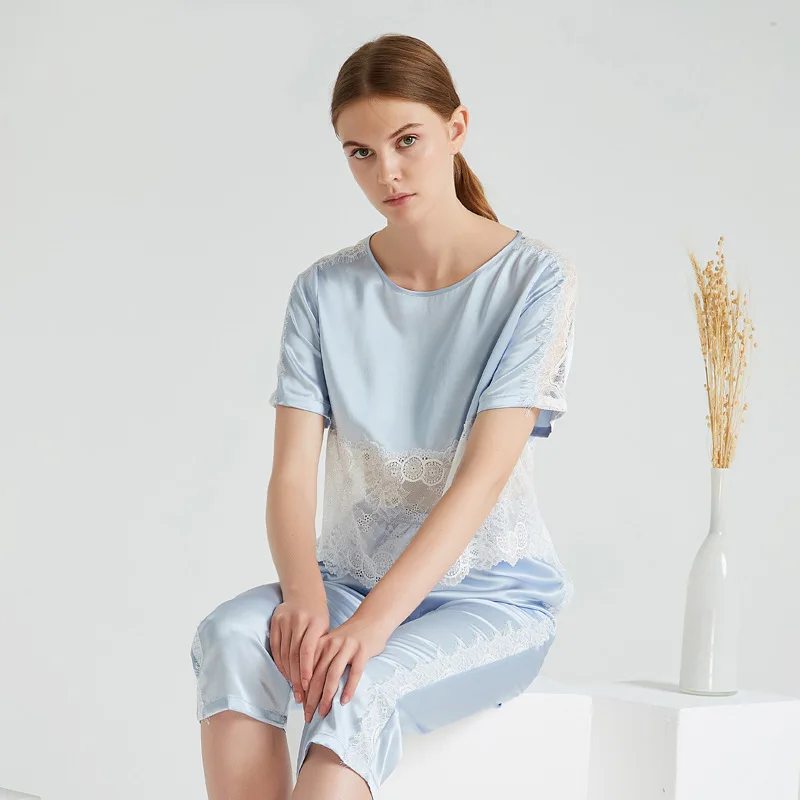 100% Real Mulberry Silk Pajamas High-End Women's Pyjamas Lady Lace Sexy Sleepwear Set Soft Short Sleeve Casual Pijamas Home Wear