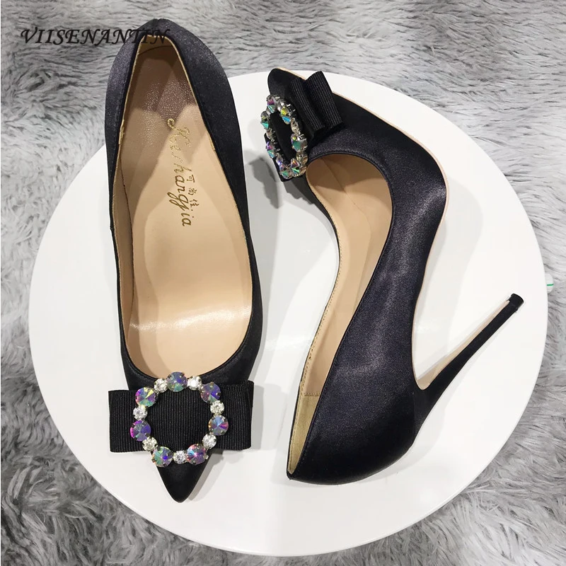 

Женские универсальные туфли на высоком каблуке, заостренный носок, шпилька, кристальная Пряжка, бант, черные, во французском стиле