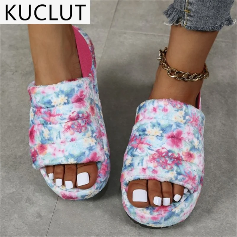 

Faux Fur Home Slippers Fluffy Women Slides Comfort Furry Flat Sandals Female Cute Slippers Shoes for Woman Indoor Flip Flops