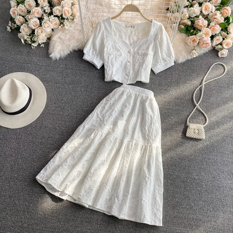 

High waist slimming cover hips mid-length over-the-knee white skirt two-piece suit Western style short jacquard shirt