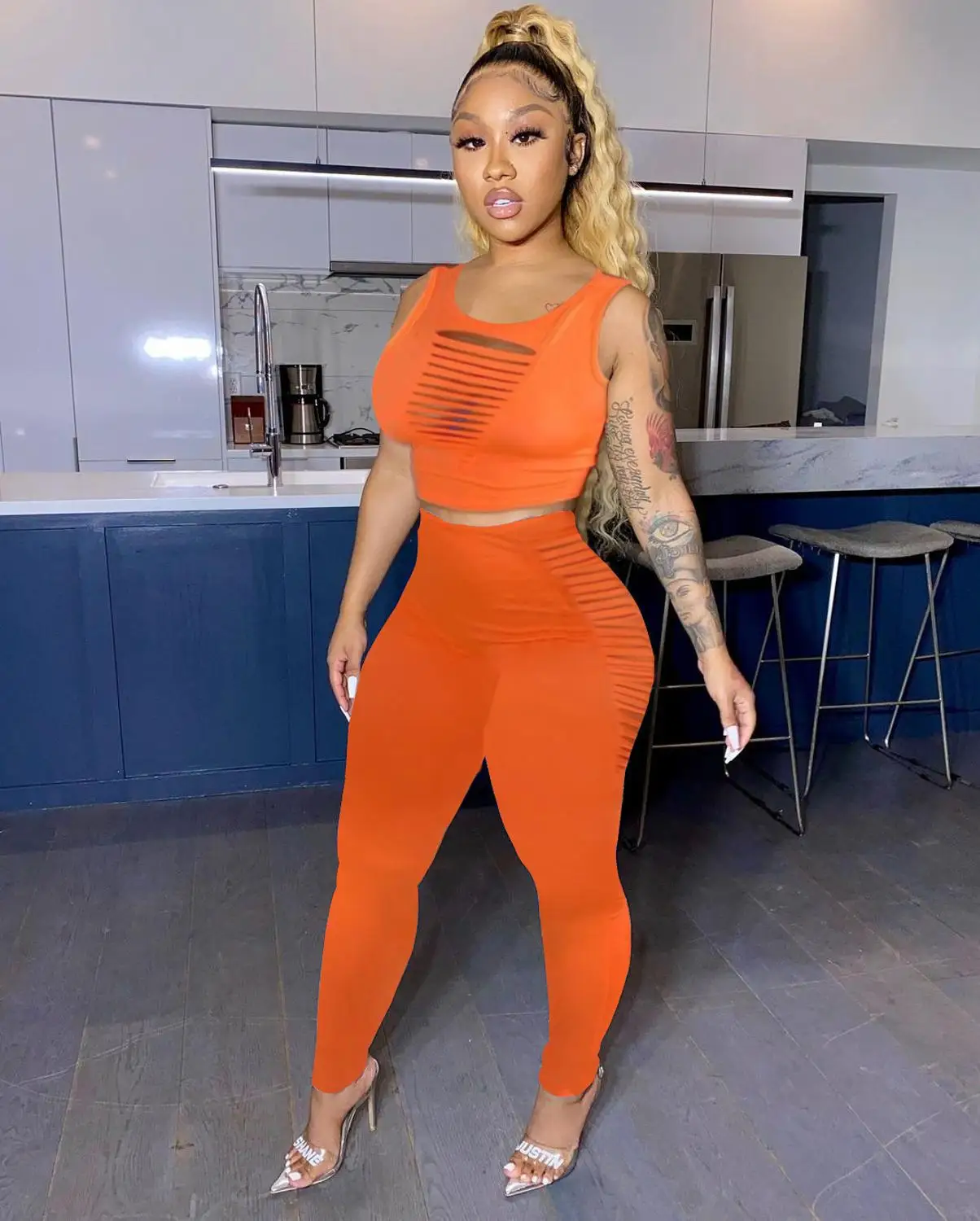 

Solid Color Classic Fashion Hole Sexy Loungewear Women 2 Pieces Outfits Spaghetti Strap Crop Tops Skinny Pencil Pants Fitness