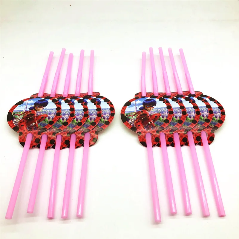 straws-10pcs Милые вечерние чашки в виде божьей коровки для детей на день рождения, Подарочная коробка для детских масок, одноразовая посуда, вечерние принадлежности - Цвет: straws-10pcs