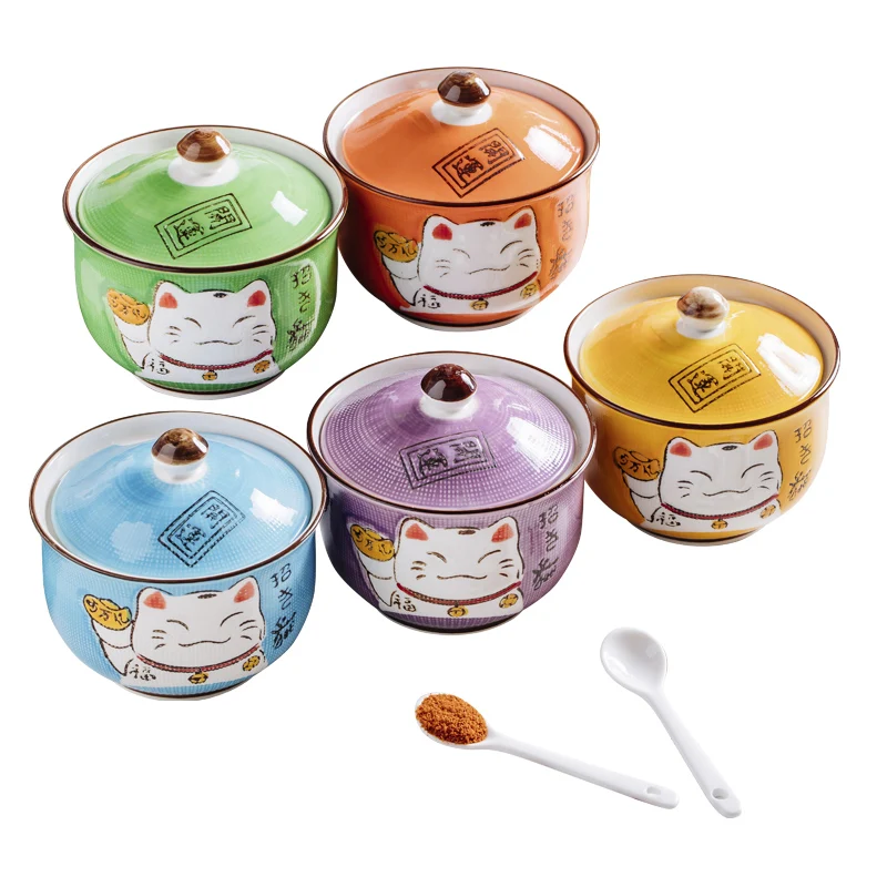 

Japanese style hand-painted cartoon kitchen household ceramic tableware with lid spoon seasoning jar seasoning bottle LB82403