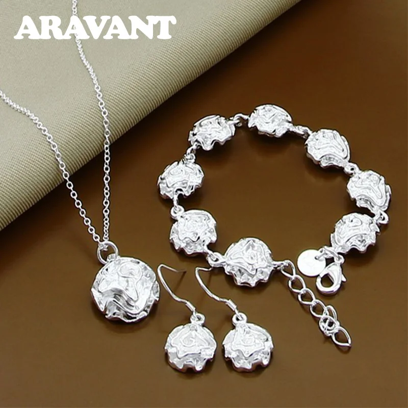 

925 Silver Rose Flowers Pendants Necklaces Chain Earrings Bracelets Wedding Jewelry Set For Women