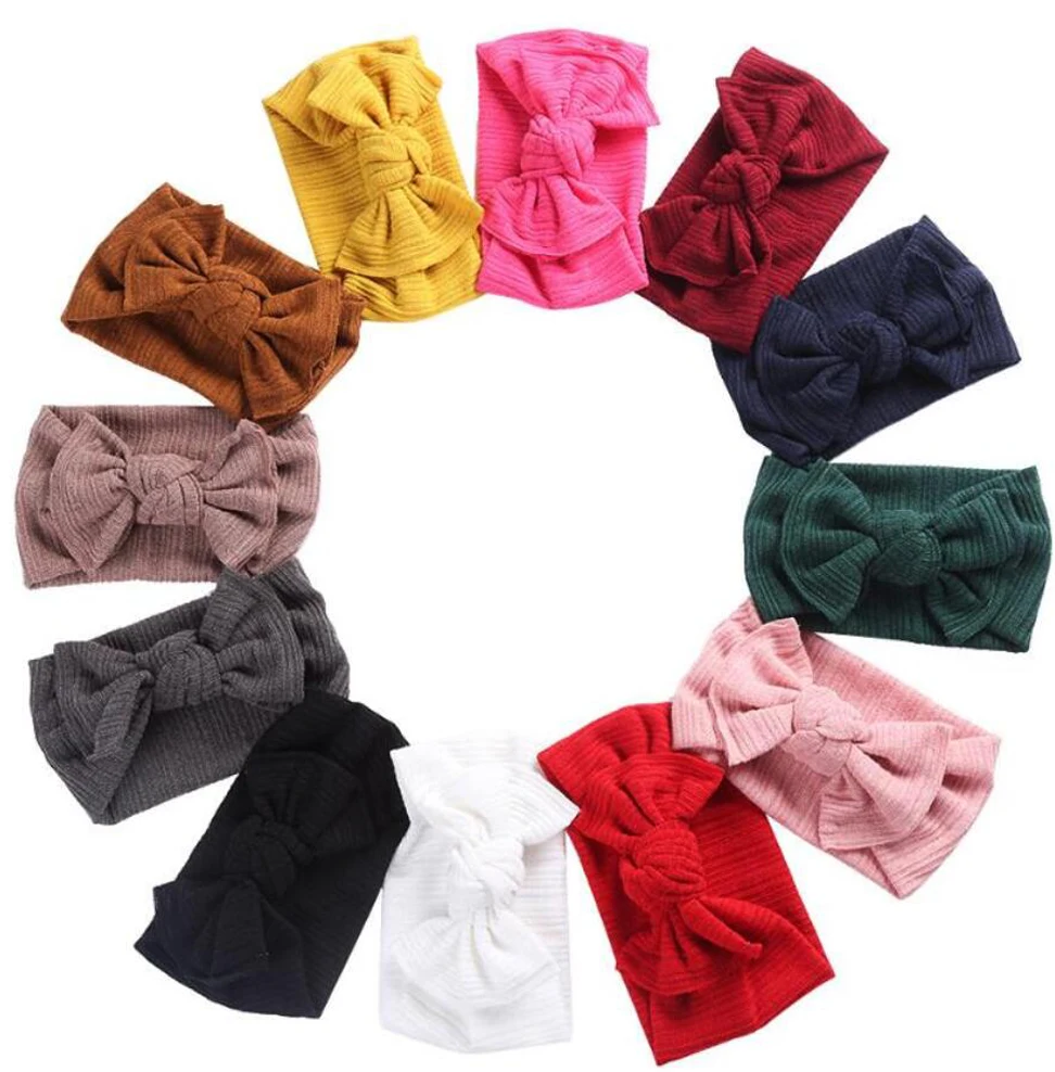 

12Pcs/lot Large Hair Bow Baby Headband For Girls Baby Hair Bows Turban Head Wraps Newborn Top Knot Winter Hairband