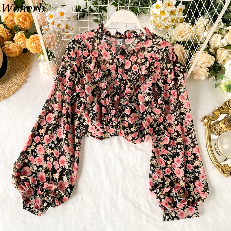 Woherb элегантная Милая шифоновая блузка с цветочным принтом и рукавами фонариками