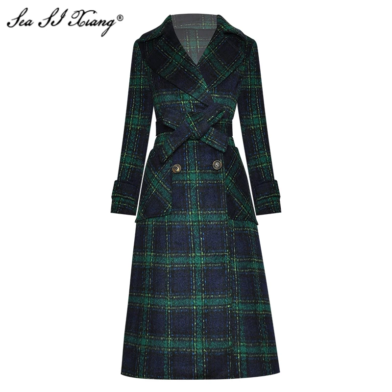 

Seasixiang Fashion Designer Autumn Winter Wool Blends Overcoat Lace-up Turn-down Collar Long Sleeve Plaid Overcoat