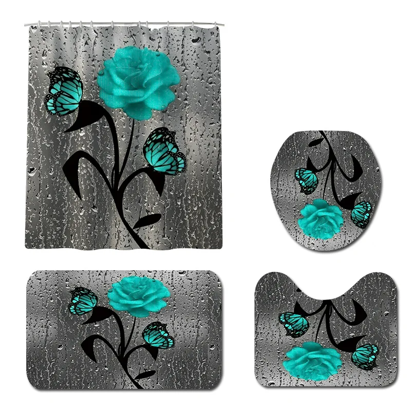 

Butterfly Print Bath Mat Set Bathroom Carpet Rug Waterproof Shower Curtain Absorbent Toilet Seat Cover Mat and Non-slip Foot Rug