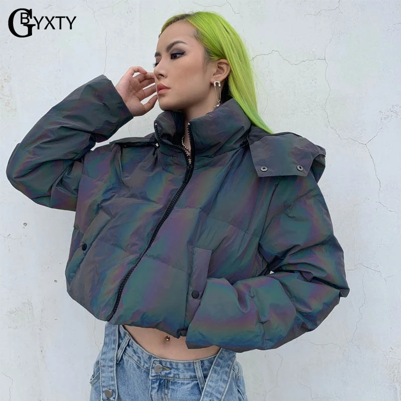 GBYXTY уличная Толстая Светоотражающая куртка Осенняя Женская водолазка с капюшоном укороченная голографическая куртка Стеганое пальто парка ZA1700