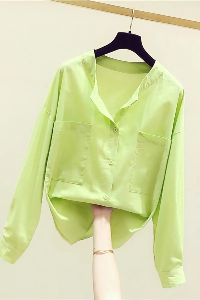 

2020 Spring New Korean Version of The Solid Color Lazy Wind Pockets Single Breasted Long-Sleeve Shirt Women's Loose Blouse Top