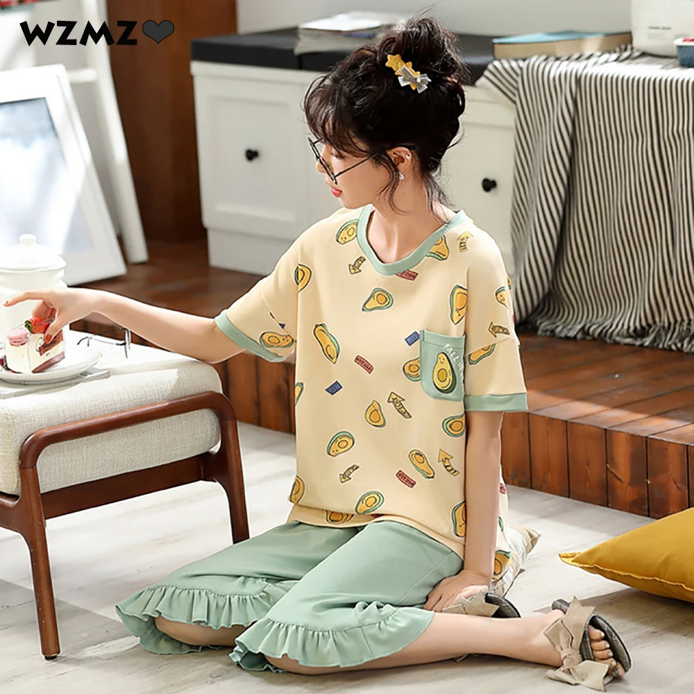 

Summer Pajamas Set Women Sleepwear Pyjamas Female100% Cotton Short Sleeve Pijama Casual Avocado Print PJs Cartoon Home Clothes