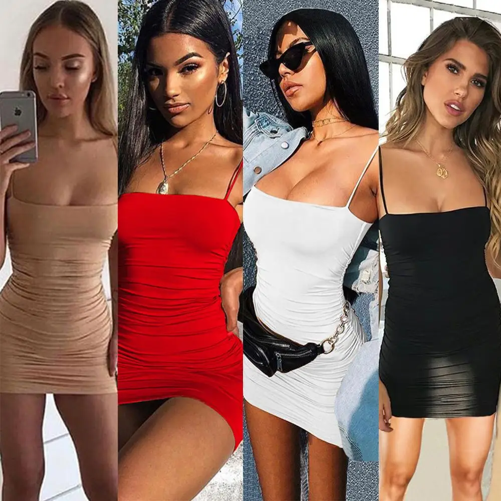 

Mini Bodycon Dress Women 2021 Summer Solid Color Ruched Sundress Beachwear Spaghetti Strap Club Short Dress