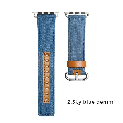 SKY biue denim Мягкую хлопчатобумажную ткань и из натуральной кожи петлевой спортивный ремешок для смарт-часов apple watch 4 44/40 мм браслет ремешок для наручных часов iwatch серии 1/2/3, 42 мм, 38 мм - Цвет ремешка: SKY biue denim