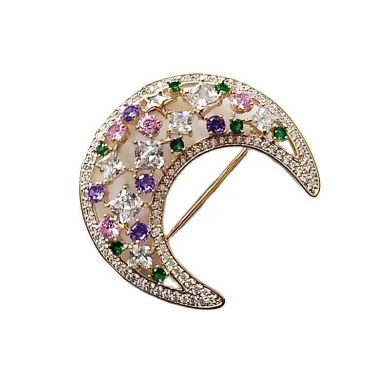 Женская брошка с инкрустированным фианитом в виде Луны|Броши| |