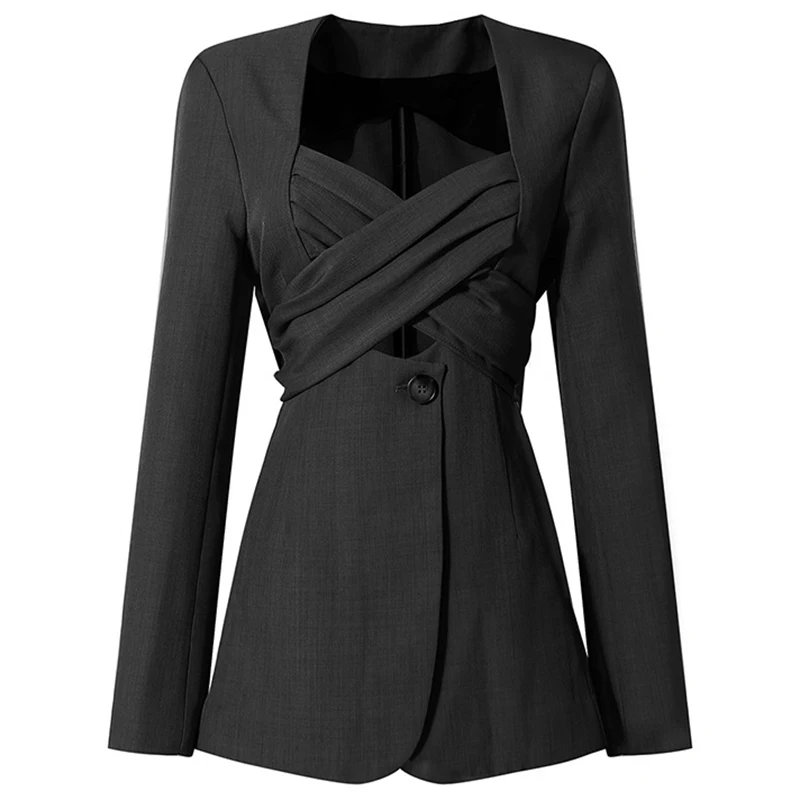 

Women Khaki Bow Cross Bandage Blazer New V-Neck Long Sleeve Loose Fit Jacket Fashion Tide Spring Autumn 2021