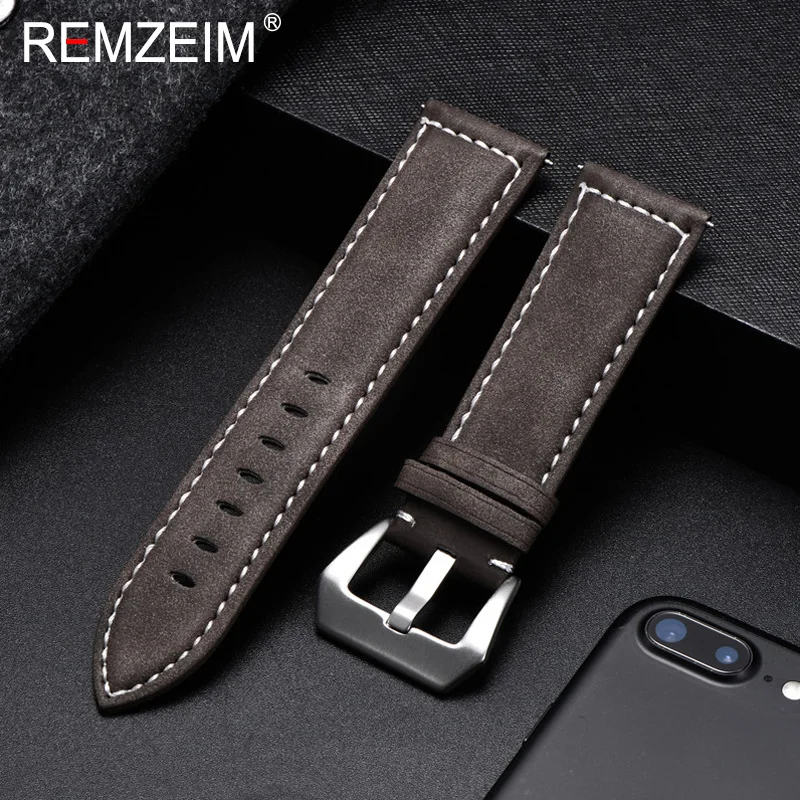 REMZEIM New Black Brown Blue Red Retro Matte Leather Watch Band 18 20 22 24mm Leather Strap Stainless Steel Buckle Watchbands
