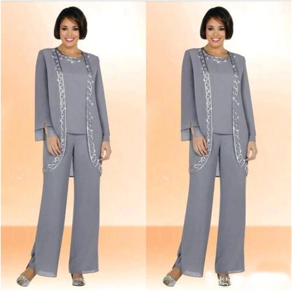 Customized new three-piece long-sleeved sequined chiffon mother's pants suit formal pants prom evening dress and jacket