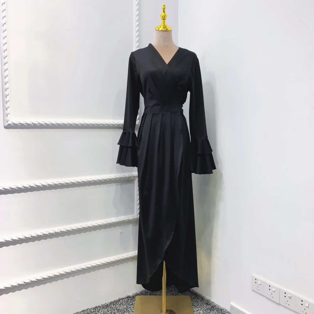 

Dubai Kaftan Middle East Muslim Women Long Dress Solid Color Flare Sleeve Ruffle Casual V-neck Ramadan Turkish Islamic Vestido