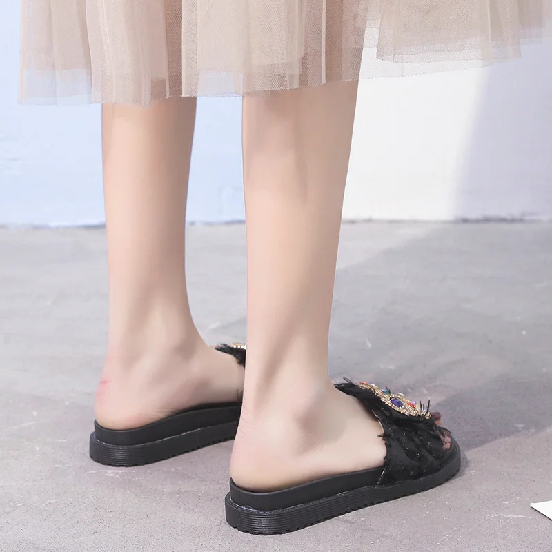 

Glitter Slides Female Shoes Slippers Casual Platform Med Jelly 2021 Luxury Flat Soft Crystal Fashion Microfiber PU Rubber