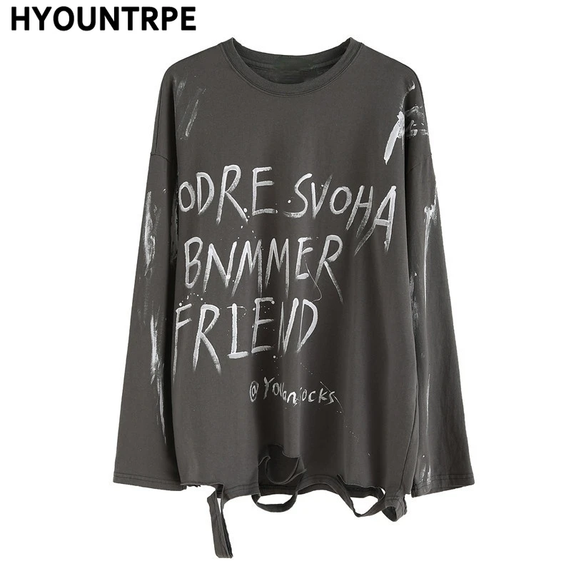 

Hip Hop Graffiti Long Sleeve Loose T Shirt New Casual Ripped Hole Harajuku O-neck Tops Tshirts Streetwear Mens Bottoming Shirt