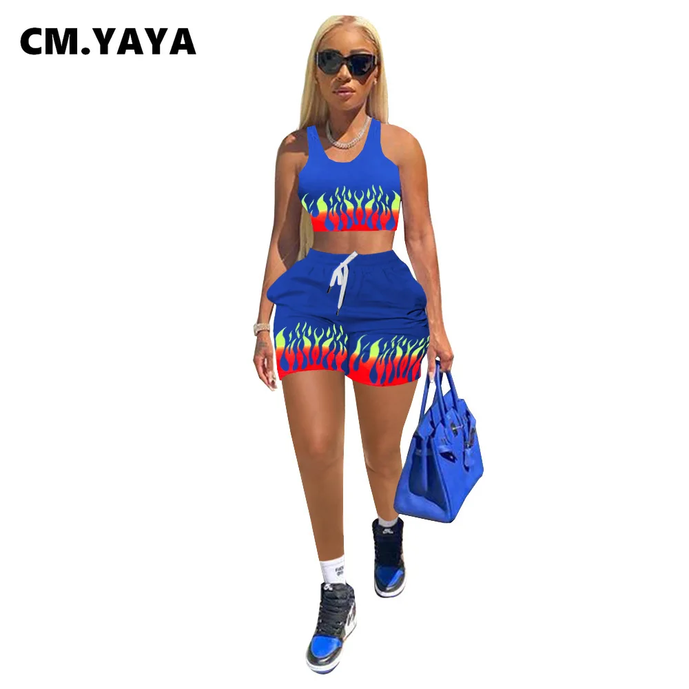 CM.YAYA Women Set Print O-neck Crop Tanks Tops Pockets Shorts Two 2 Piece Sets Active Tracksuit Casual Outfits Summer Sporty |