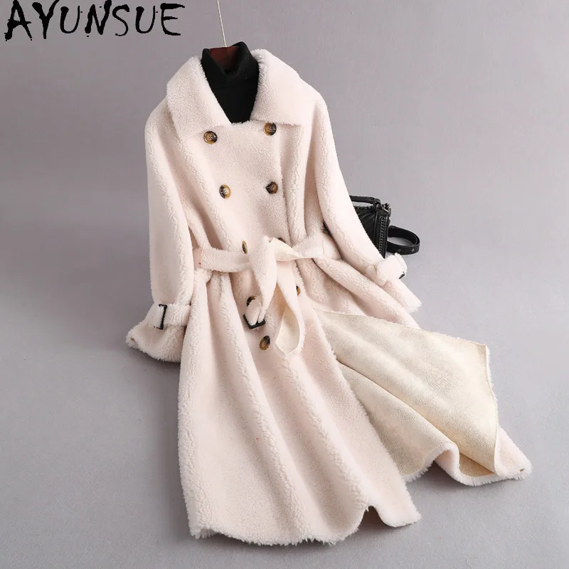 AYUNSUE Winter Real Fur Coat Women's Clothes Long Sheep Shearing Jacket Doube-breasted Wool Coats Kurtka Zimowa Damska Sqq1195