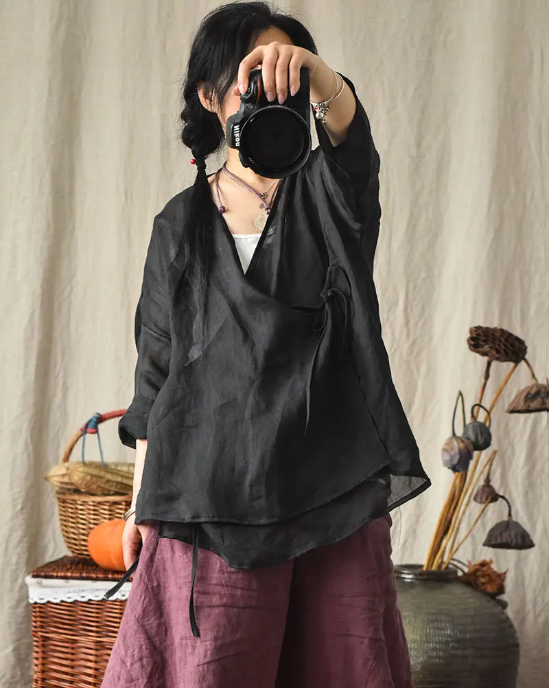 

Vintage Ramie Tops Three Quarter Sleeve V-neck 2021 New Summer Clothes Belt Loose Shirts Women Blouses Cardigan