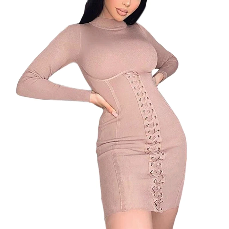 

Women Long Sleeve Turtleneck Sexy Lace-Up Bandage Corset Knit Bodycon Mini Dress 0822