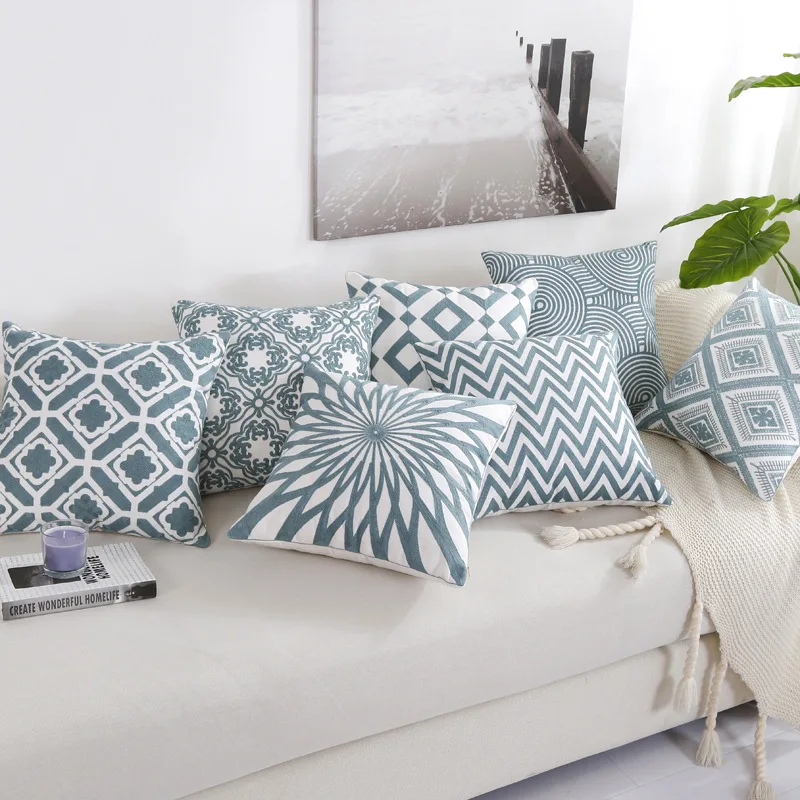 Хлопковая наволочка с вышивкой наволочки Геометрическая синяя для подушки
