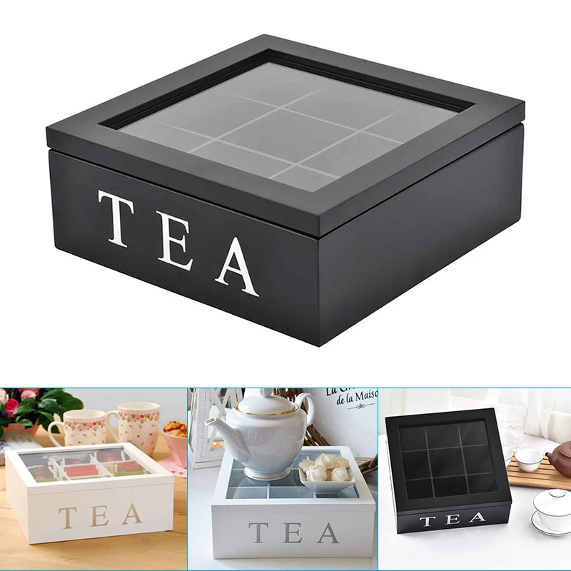 

9 Cells Wooden Storage Box With Visible Lid For Tea Bag Jewelry Coffee Retro Style 23*23*9cm Tea Caddies Teaware