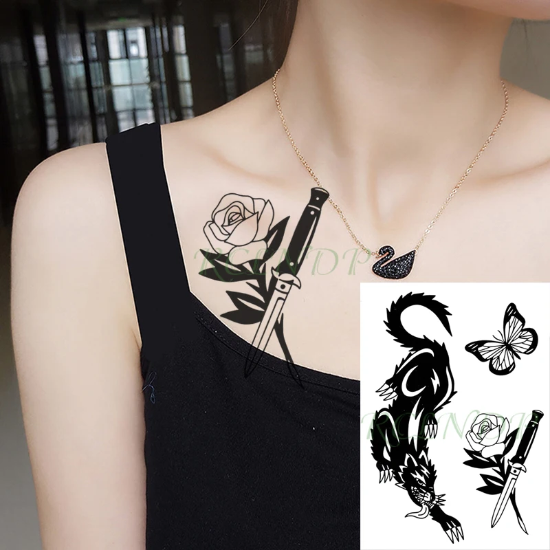 Водостойкая Временная тату-наклейка тигр животное бабочка Роза нож поддельные