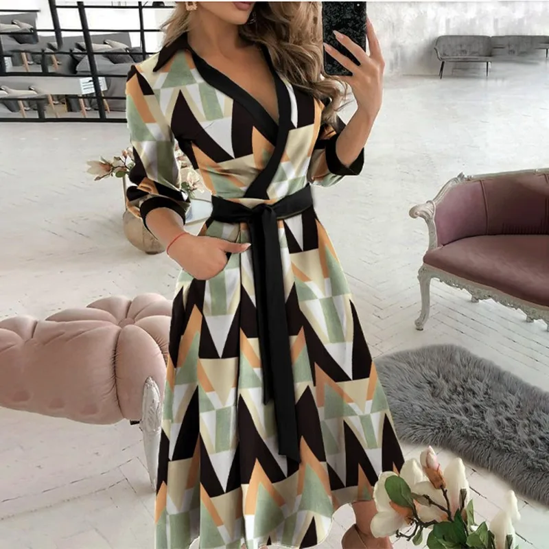 

Women Dresses 2021 Summer Dot Letter Print V-Neck Three Quarter Sleeve Belt Irregular Dress Elegant Office Lady Casual Wear New