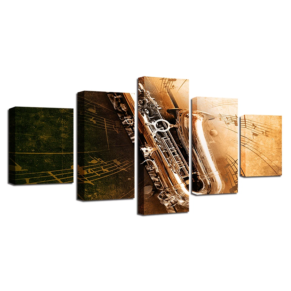 

Wall Pictures Home Decor Living Room Art Modular 5 Panel Saxophone Musical Instrument Framed HD Modern Printed Canvas Painting