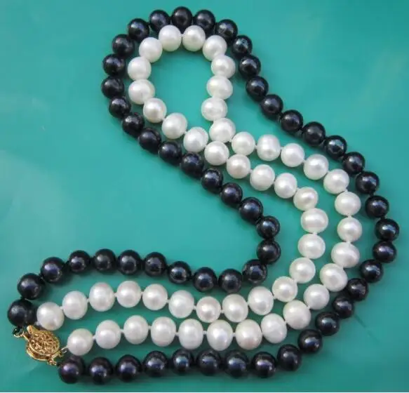 

2 strands 7x8mm white black pearl 2 rows necklace gold clasp natural Freshwater PEARL Women Jewelry 35cm 43cm 15'' 17''