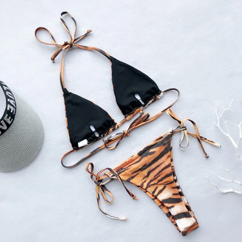2019 сексуальный тигр печати бикини набор микрокини треугольник стринги купальник