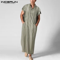 incerun men jubba thobe muslim clothes short sleeve striped cotton stand collar casual robes islamic arabic kaftan abaya s 5xl