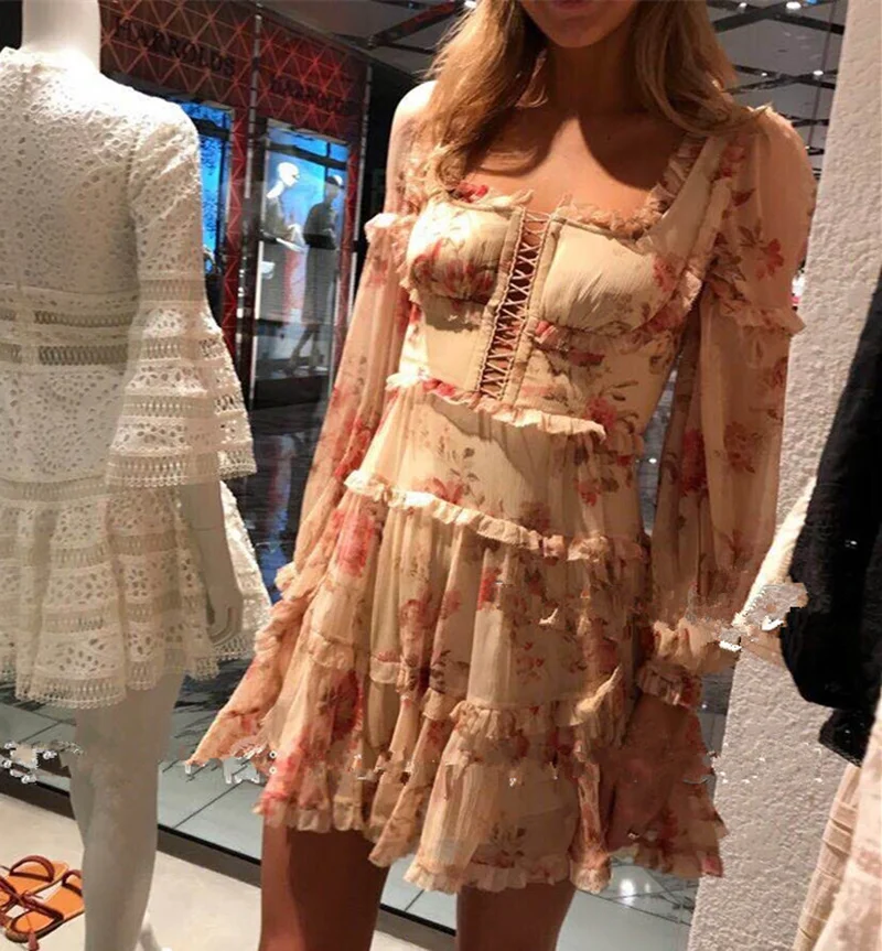 2019 European Print Vinatge Long Sleeve Clothes Women Dresses Ruffles Floral Printed Sexy&ampclub Spring Summer Chiffon Dress S002 |