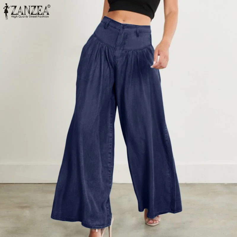 

Oversized Women's Denim Blue Pants Fashion 2021 OL Autumn Wide Leg Pants ZANZEA Casual Solid Ladies Solid Loose Button Pantalon