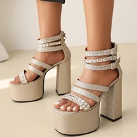 french sandals pumps shoes diamonds glitter upper back zipper sexy high heels comfortable platform women shoes chunky heel 43