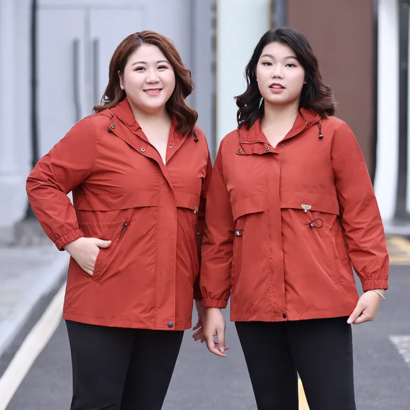 

Женский Осенний тренчкот W015 большого размера 2Xl-7Xl с капюшоном, однотонная повседневная короткая ветровка в Корейском стиле на молнии