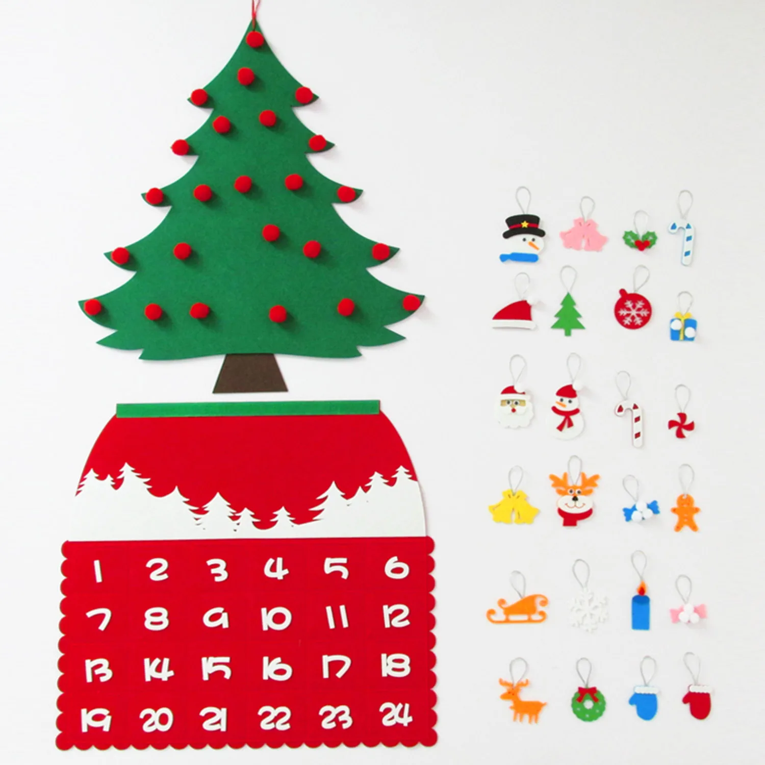 Рождественская елка Адвент календарь фетровый с обратным отсчетом 24 шт орнамент