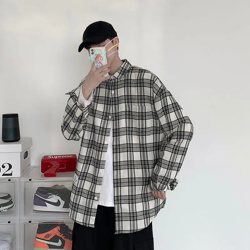 

Cotton Plaid Shirt Men's Fashion Retro Casual Shirt Men Streetwear Wild Loose Autumn Long-sleeved Shirts Mens S-2XL PDG1927