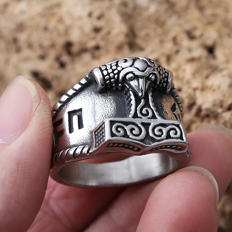 

Viking Stainless Steel Thor's Hammer Ring Men Boy Retro Nordic Odin Rune Ring biker Amulet Jewelry Gift Wholesale Size 7-13