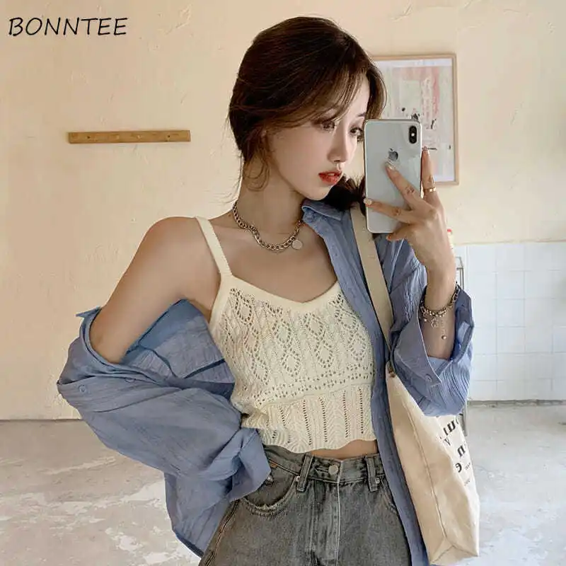 

Camis Women Ulzzang V-neck Knitted Fashion Solid Hollow Out All-match Elegant Summer New Spaghetti Strap Casual Female Crop Tops