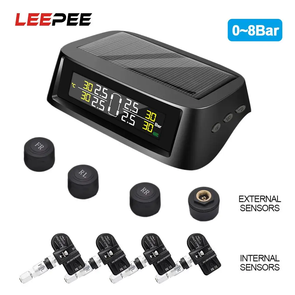 

LEEPEE Solar TPMS USB LCD Display Tire Pressure Monitoring System Tire Pressure Sensor 0-8 bar Digital TPMS Auto Security Alarm