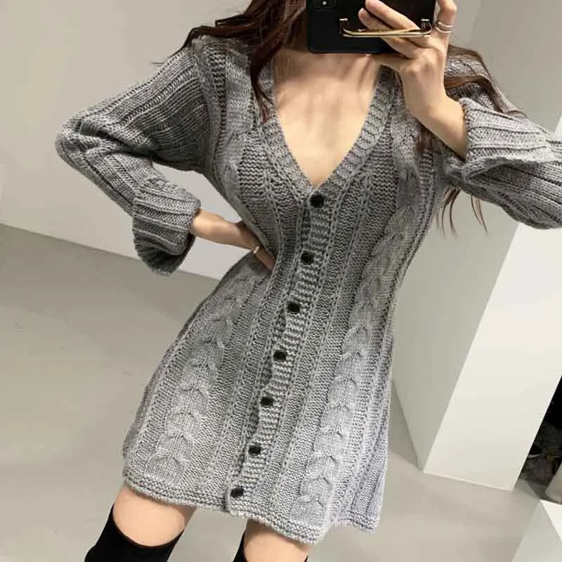 

One-Piece Korean Dress Autumn 2020 New Women's Dress Knitting Sexy V-neck Dress Single Breasted Cardigans Female Sweater Dresses