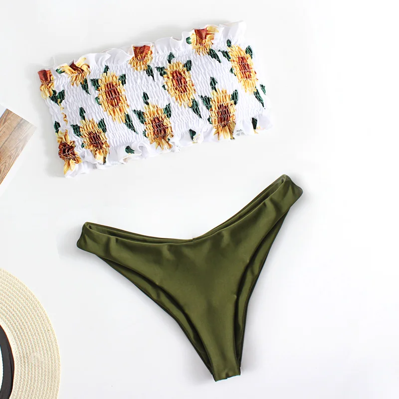 Женский купальный костюм бандо бикини без бретелей с цветочным принтом низкой