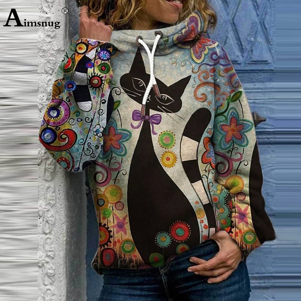 

Women's Artistic Cats Printed Hooded Sweatshirts 2021 Autumn Bohemian Hoodies Long Sleeve Stand Pocket Tops Casual Pullovers